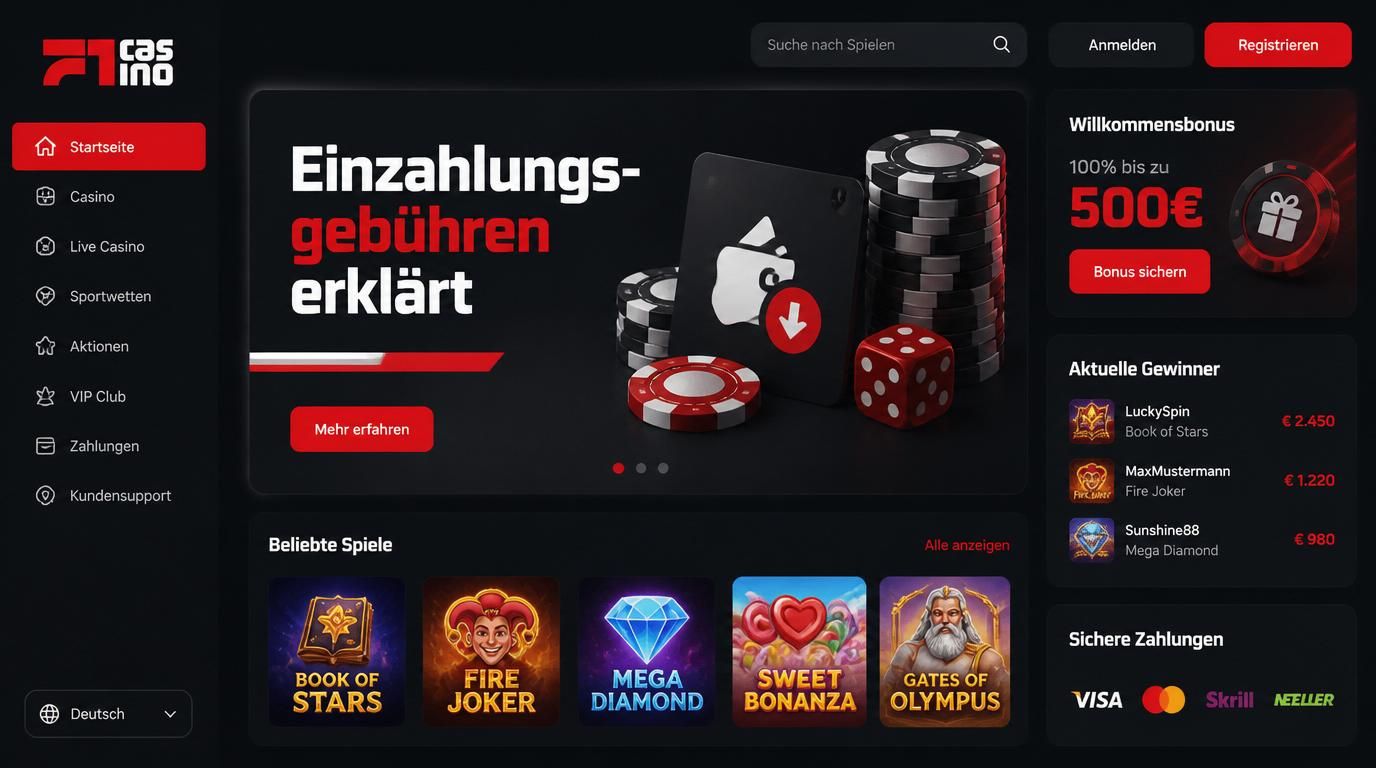 Ein Bildschirm mit Zahlungsarten (Kreditkarte, Banküberweisung, E-Wallet), Gebührenanzeige daneben, Fragezeichen-Symbol für Unsicherheit.