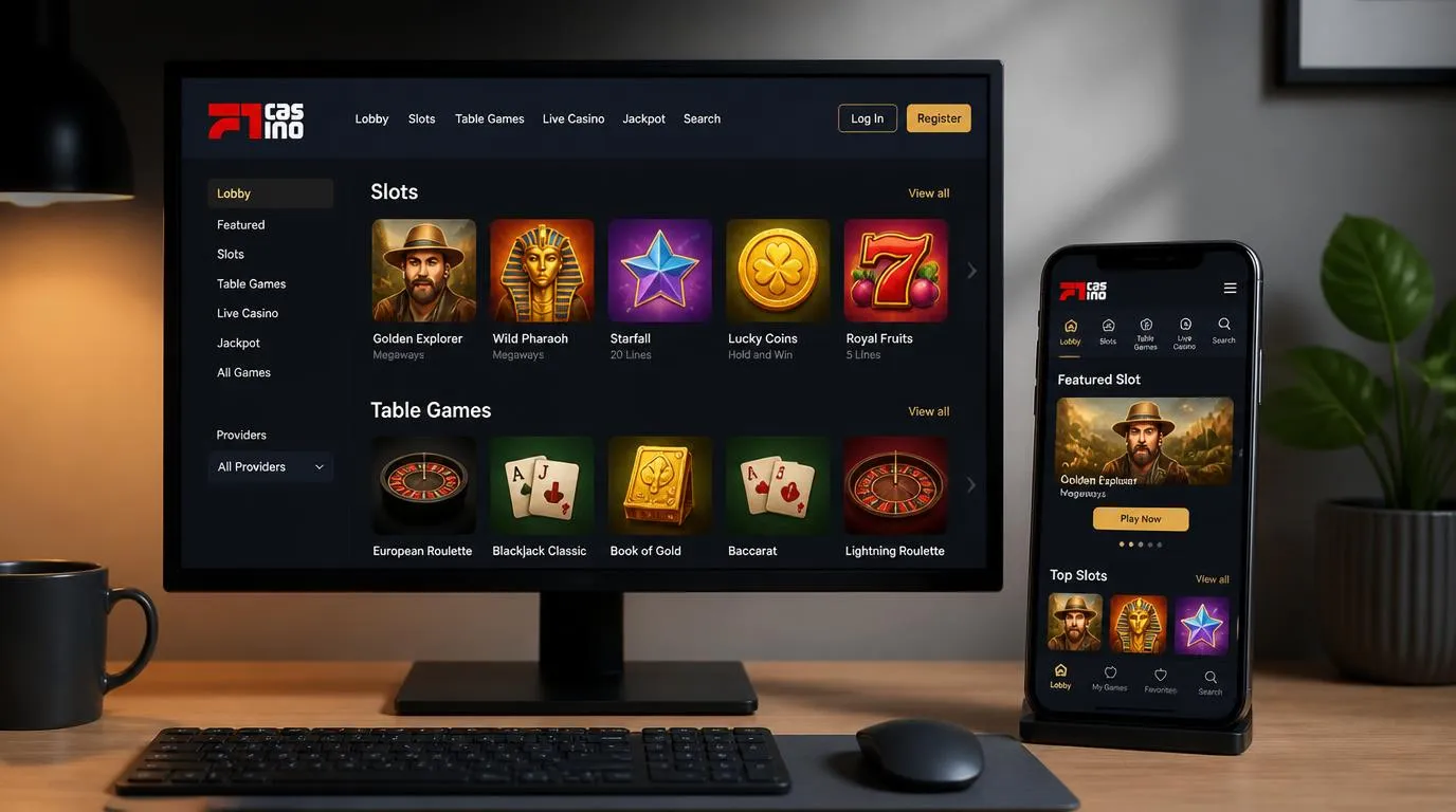 Desktop und Smartphone mit übersichtlichen Browseransichten für Slots und Tischspiele