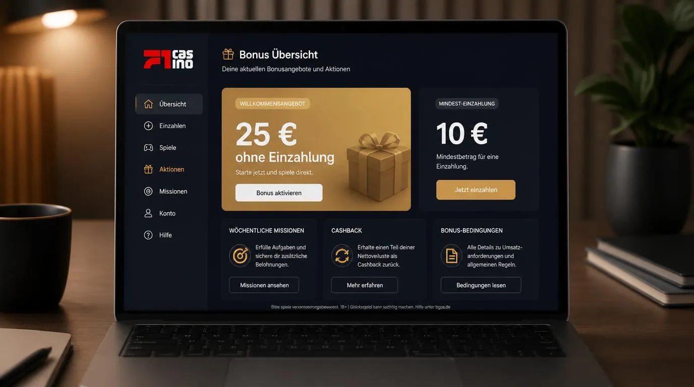 Casino-Oberfläche mit Willkommensbonus über 25 € und Übersicht der Bonusbedingungen