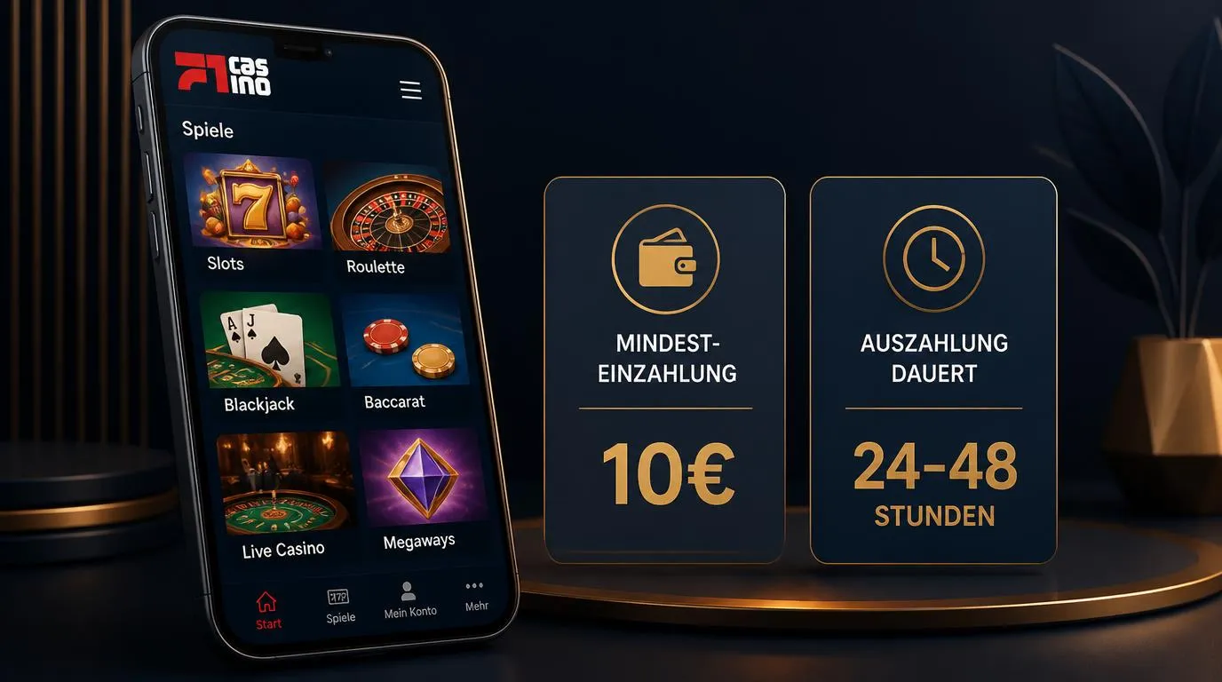 Smartphone mit Casino-Spielauswahl neben Hinweisen auf 10€ Einzahlung und etwa 24–48 Stunden Auszahlung
