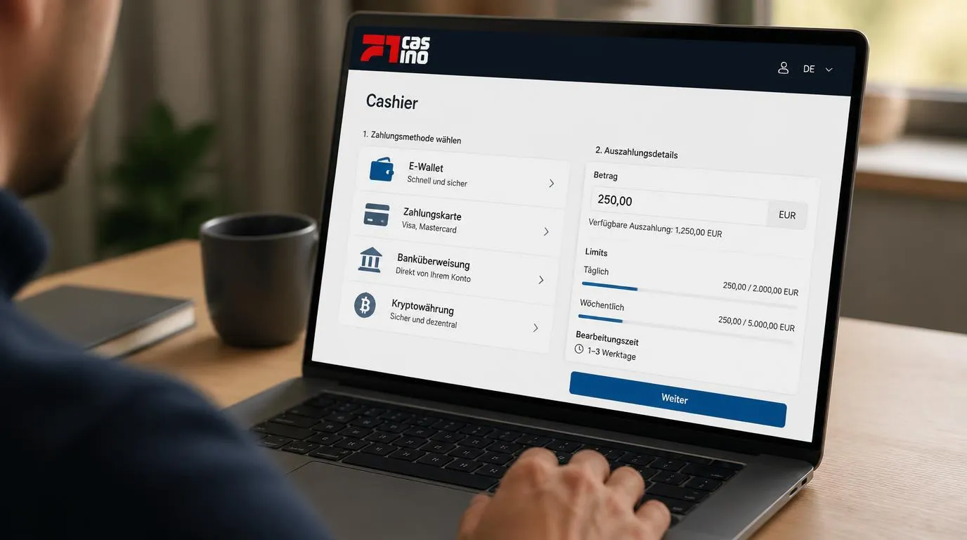 Casino-Kasse mit Auswahl für E-Wallet, Karte, Banküberweisung und Kryptowährungen