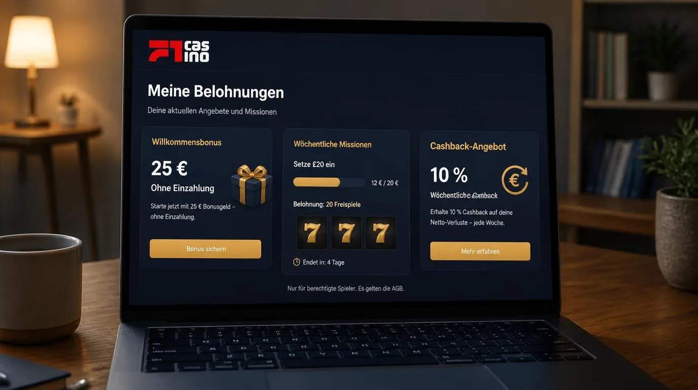 Casino-Oberfläche mit Willkommensbonus, wöchentlichen Missionen und Cashback-Kacheln
