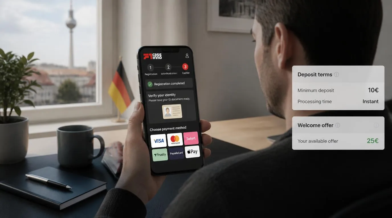 Casino-Kassenbereich auf dem Smartphone mit Identitätsprüfung, Zahlungsmethoden und Bonusbedingungen
