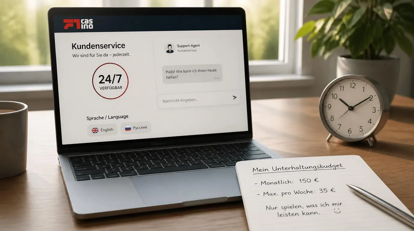 Kundendienst auf einem Bildschirm mit 24/7-Anzeige und den Sprachoptionen Englisch und Russisch